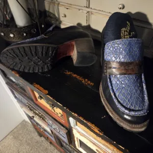 Freebird Blue and Brown Mules with Leather Strap