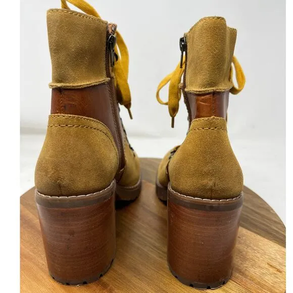 Frye &amp; Co Boots‎ Womens 8.5 Cognac Leather Rayner Hiker Shearling Block Heel