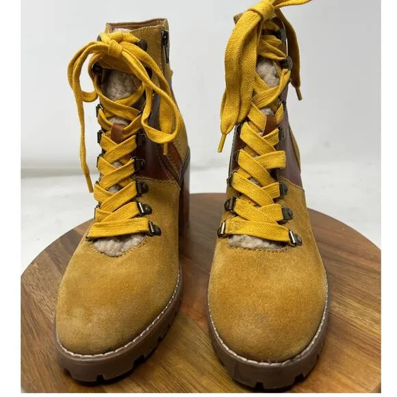 Frye &amp; Co Boots‎ Womens 8.5 Cognac Leather Rayner Hiker Shearling Block Heel
