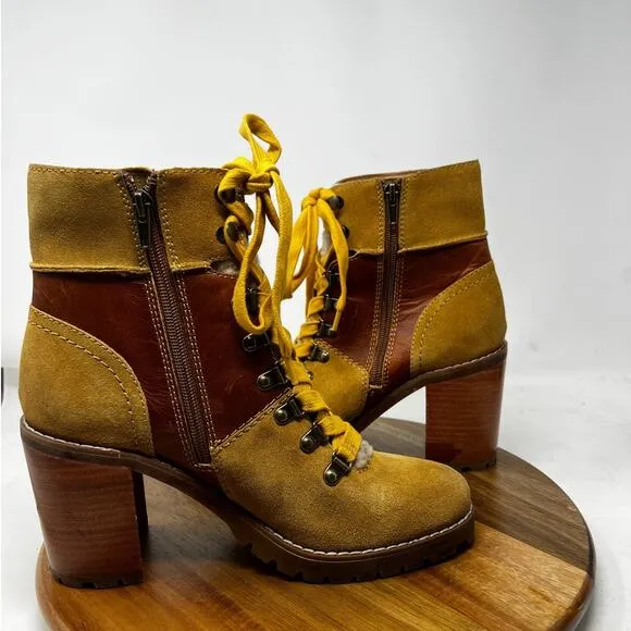Frye &amp; Co Boots‎ Womens 8.5 Cognac Leather Rayner Hiker Shearling Block Heel