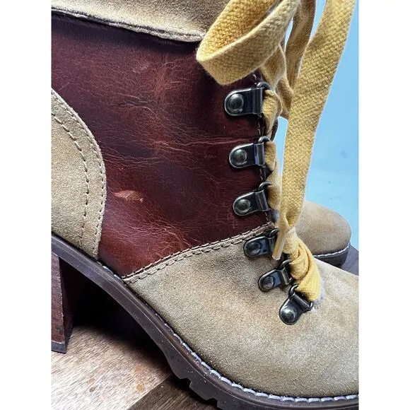Frye &amp; Co Boots‎ Womens 8.5 Cognac Leather Rayner Hiker Shearling Block Heel