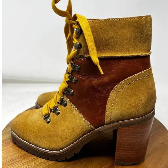Frye &amp; Co Boots‎ Womens 8.5 Cognac Leather Rayner Hiker Shearling Block Heel