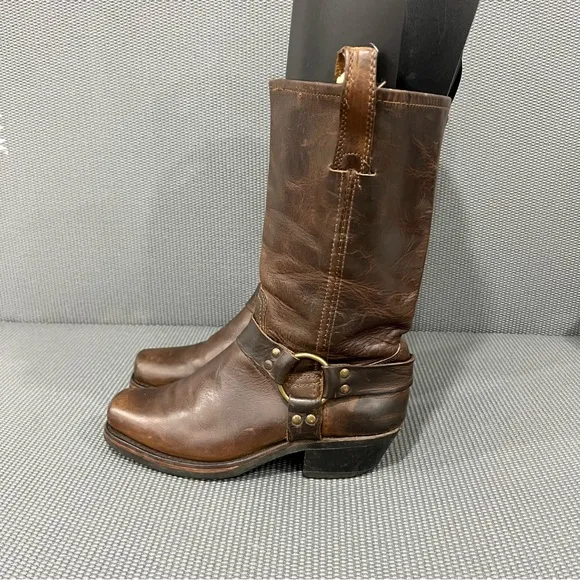 Frye Harness 12R Womens Tall Antique Distressed Moto Leather Boots Size 8 Smoke