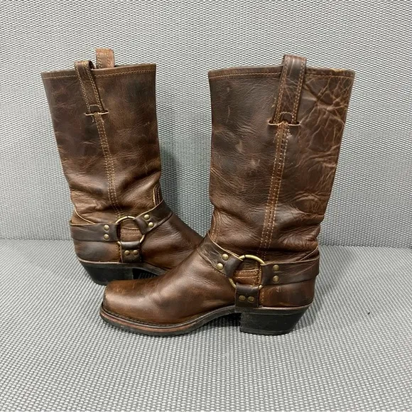 Frye Harness 12R Womens Tall Antique Distressed Moto Leather Boots Size 8 Smoke
