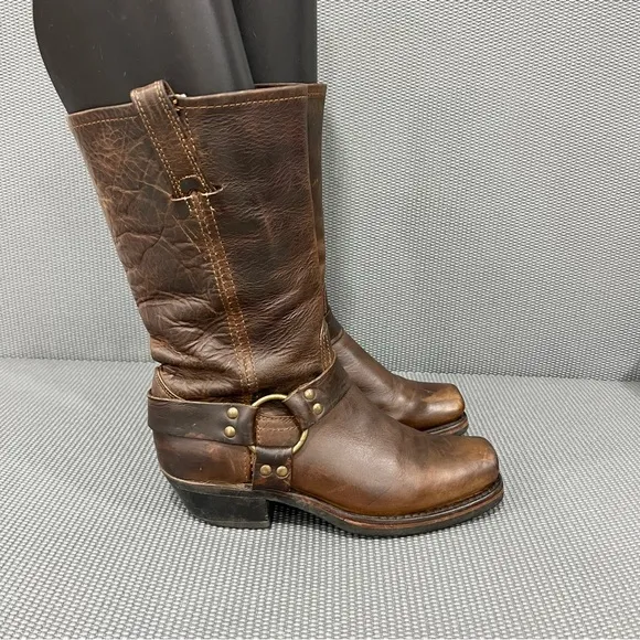 Frye Harness 12R Womens Tall Antique Distressed Moto Leather Boots Size 8 Smoke