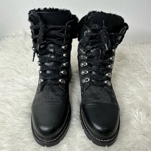 Frye Women’s Samantha Black Leather Canvas Shearling Combat Hiking Boots Size 8