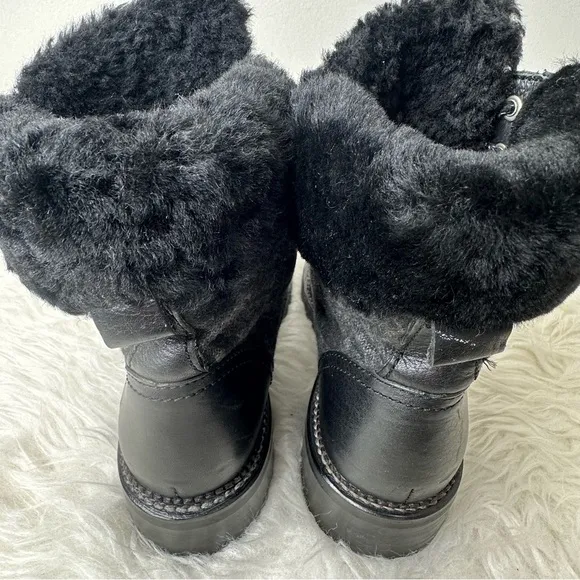 Frye Women’s Samantha Black Leather Canvas Shearling Combat Hiking Boots Size 8