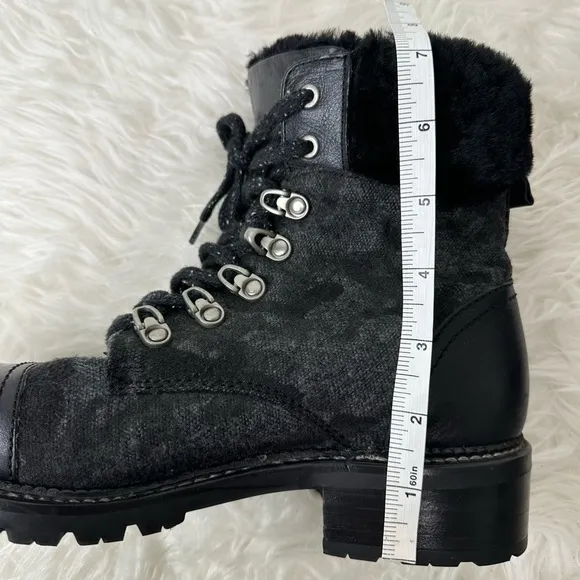 Frye Women’s Samantha Black Leather Canvas Shearling Combat Hiking Boots Size 8