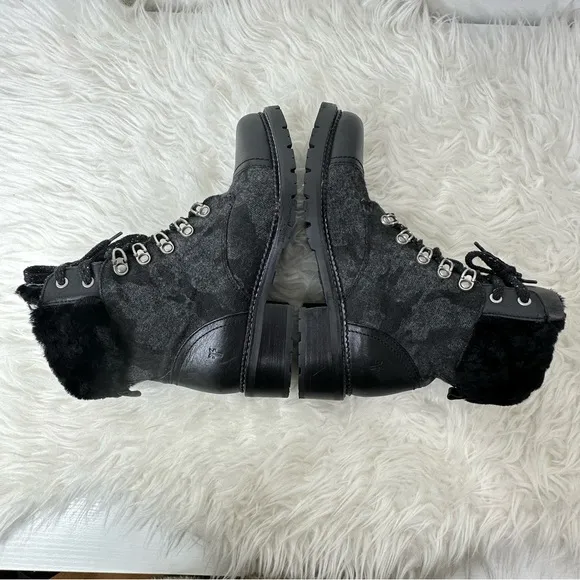 Frye Women’s Samantha Black Leather Canvas Shearling Combat Hiking Boots Size 8