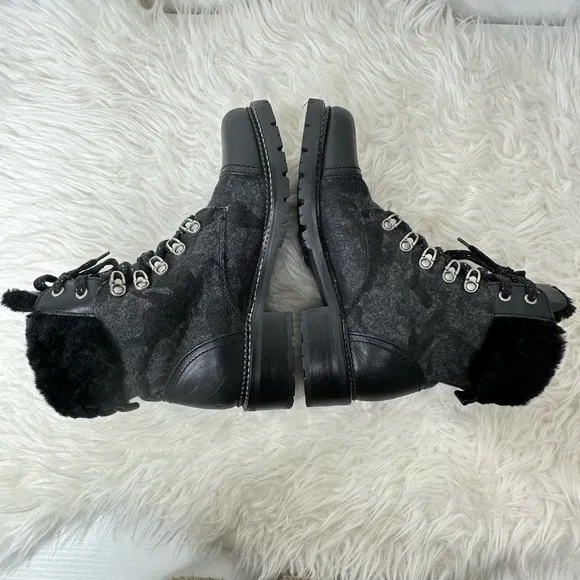 Frye Women’s Samantha Black Leather Canvas Shearling Combat Hiking Boots Size 8