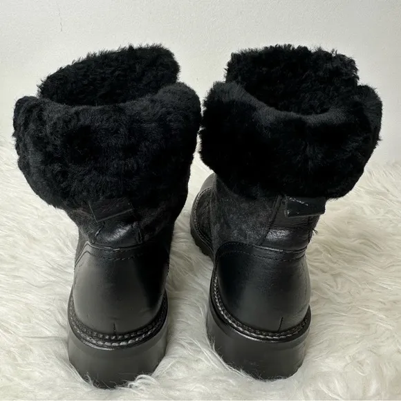 Frye Women’s Samantha Black Leather Canvas Shearling Combat Hiking Boots Size 8