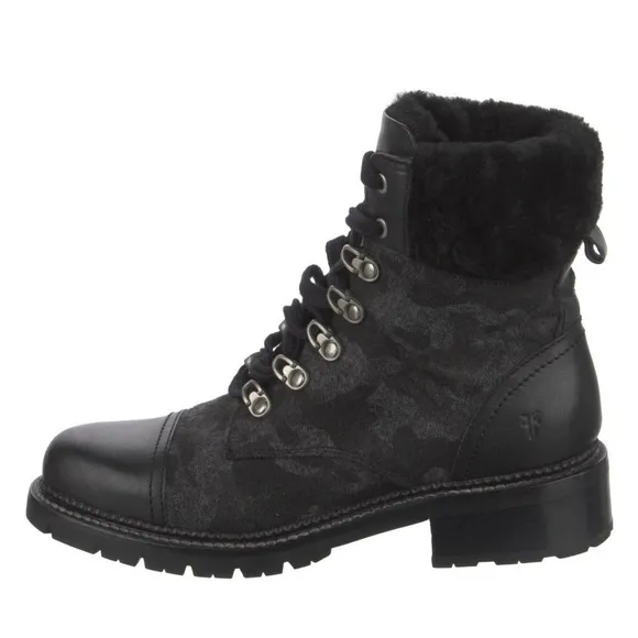 Frye Women’s Samantha Black Leather Canvas Shearling Combat Hiking Boots Size 8