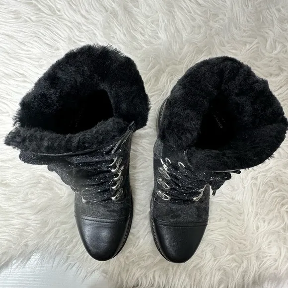Frye Women’s Samantha Black Leather Canvas Shearling Combat Hiking Boots Size 8