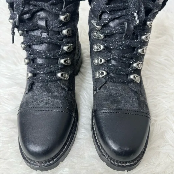 Frye Women’s Samantha Black Leather Canvas Shearling Combat Hiking Boots Size 8