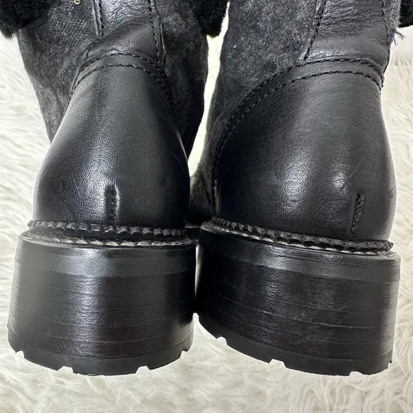 Frye Women’s Samantha Black Leather Canvas Shearling Combat Hiking Boots Size 8