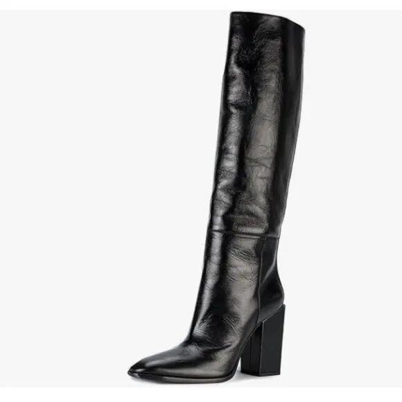 FSJ Black Fashion Knee High Stretch Long Boots Round Toe Block Heel Pull On Shoe