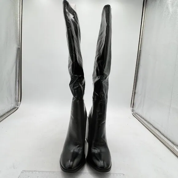 FSJ Black Fashion Knee High Stretch Long Boots Round Toe Block Heel Pull On Shoe