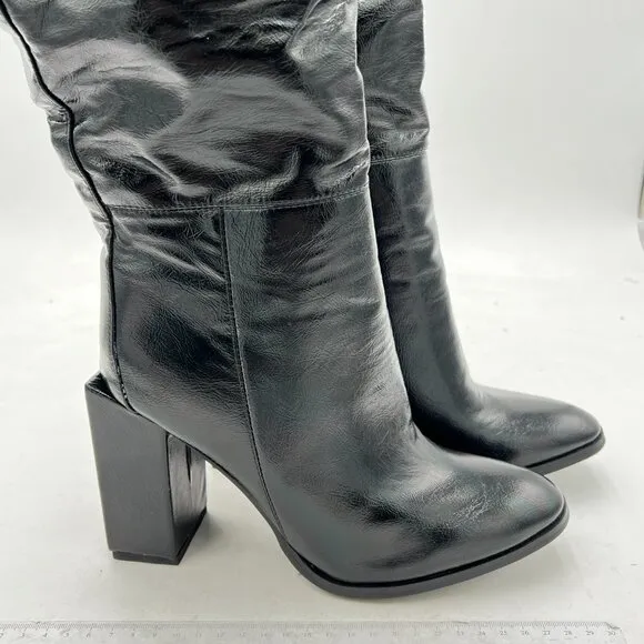 FSJ Black Fashion Knee High Stretch Long Boots Round Toe Block Heel Pull On Shoe