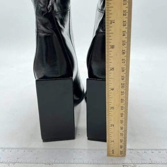 FSJ Black Fashion Knee High Stretch Long Boots Round Toe Block Heel Pull On Shoe