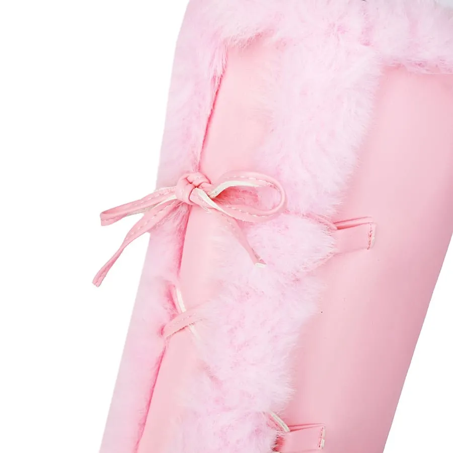 Furry Round Toe Wedge Heel Knee High Snow Boots for Winter