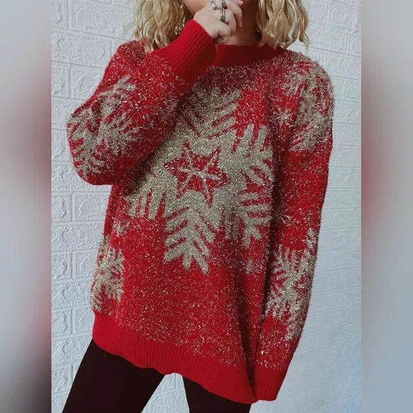 Fuzzy Red Gold Bold Knit Round Neck Classy Holiday Christmas Winter Sweater Snow