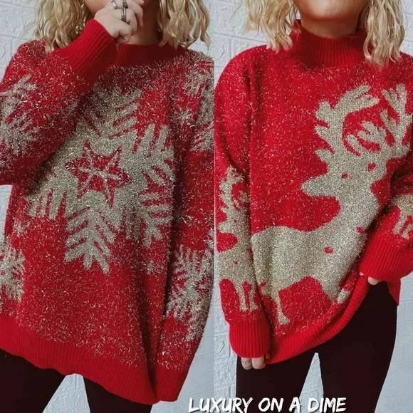 Fuzzy Red Gold Bold Knit Round Neck Classy Holiday Christmas Winter Sweater Snow