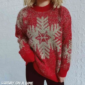 Fuzzy Red Gold Bold Knit Round Neck Classy Holiday Christmas Winter Sweater Snow