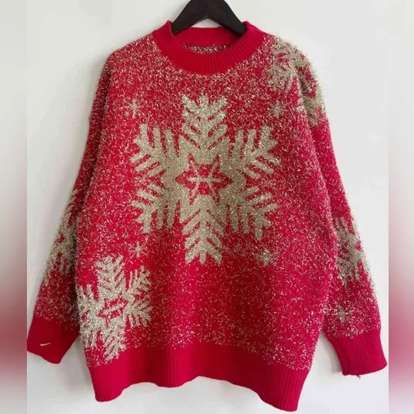 Fuzzy Red Gold Bold Knit Round Neck Classy Holiday Christmas Winter Sweater Snow