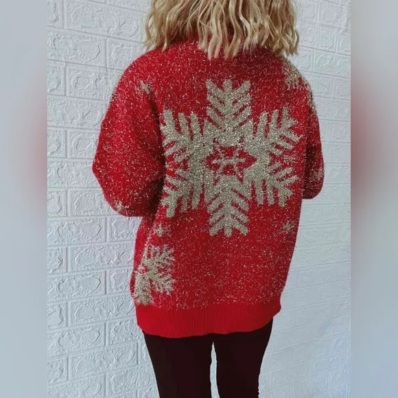 Fuzzy Red Gold Bold Knit Round Neck Classy Holiday Christmas Winter Sweater Snow