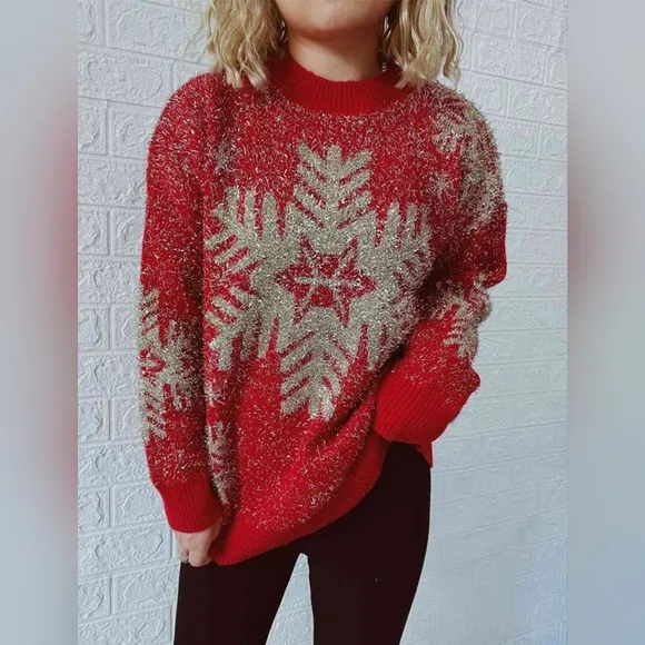 Fuzzy Red Gold Bold Knit Round Neck Classy Holiday Christmas Winter Sweater Snow