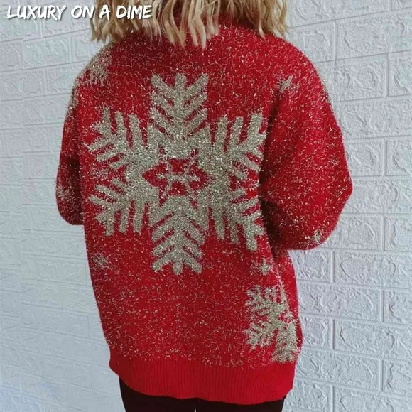 Fuzzy Red Gold Bold Knit Round Neck Classy Holiday Christmas Winter Sweater Snow