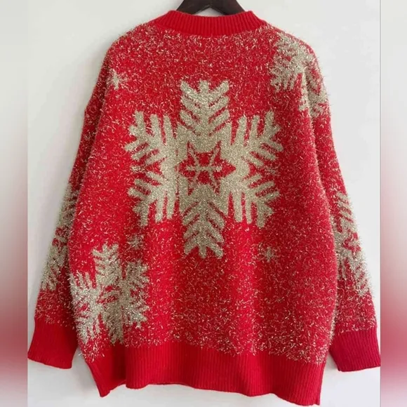 Fuzzy Red Gold Bold Knit Round Neck Classy Holiday Christmas Winter Sweater Snow