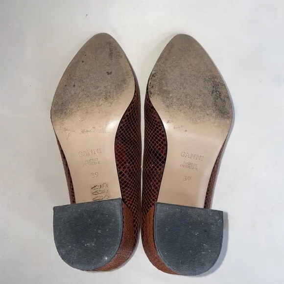 Ganni Doris Leather Heel | Smoked Paprika Block Pump | Red Orange Embossed