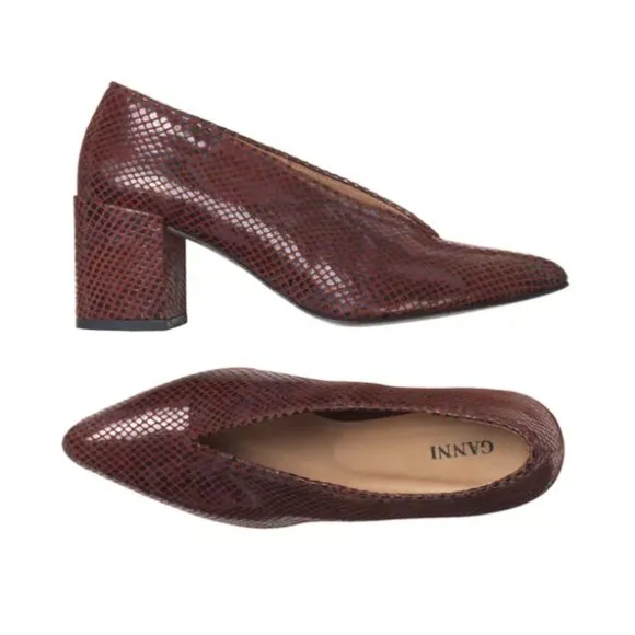 Ganni Doris Leather Heel | Smoked Paprika Block Pump | Red Orange Embossed