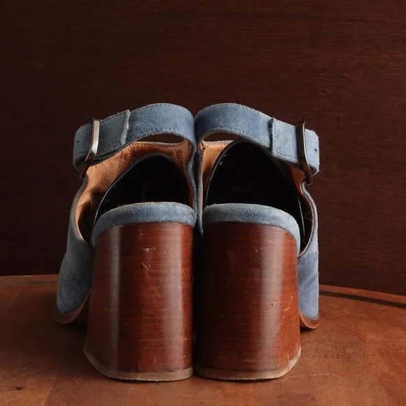 Gee WaWa Mules Womens SZ EU 37 US 6.5-7 Blue Suede Ankle Wrap Bootie Shoes Boho