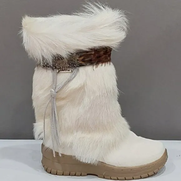 💥GORGEOUS💥Tribal Goat Fur Calf Skin Leather Suede Winter Snow Boots in White