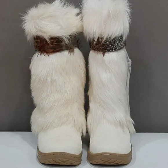💥GORGEOUS💥Tribal Goat Fur Calf Skin Leather Suede Winter Snow Boots in White