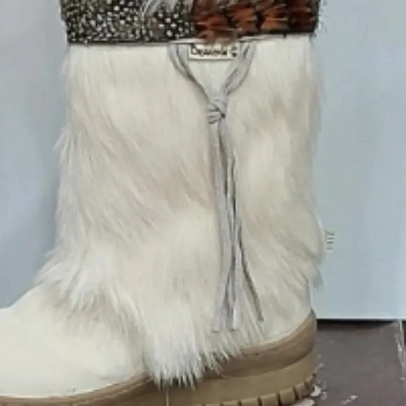 💥GORGEOUS💥Tribal Goat Fur Calf Skin Leather Suede Winter Snow Boots in White