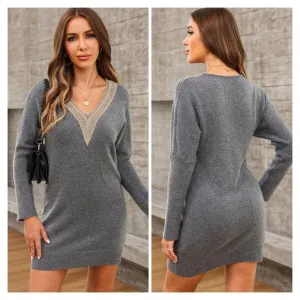 Gray V-Neck Sweater Dress