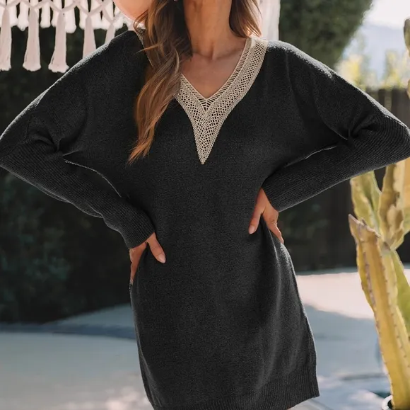 Gray V-Neck Sweater Dress