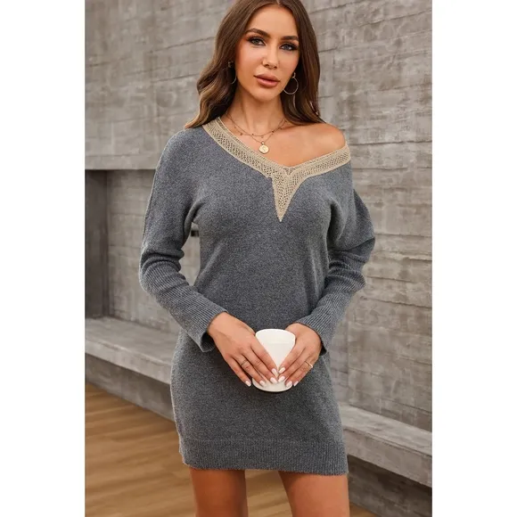 Gray V-Neck Sweater Dress