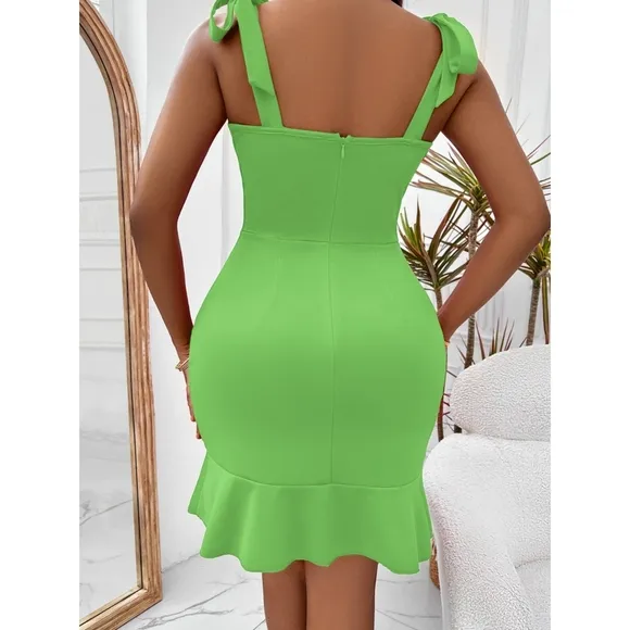 Green Tie Shoulder Ruffled Dress