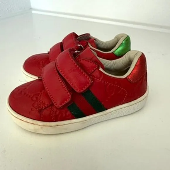 GUCCI GG Supreme Kids Sneakers Red Green Stripe Leather Velcro Italy Size 21