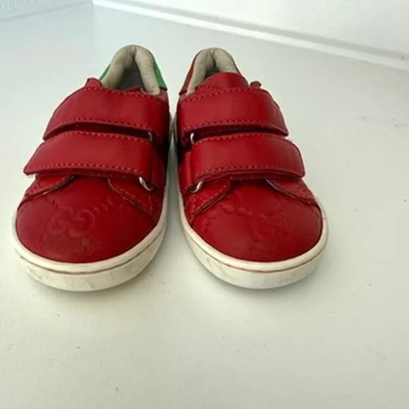 GUCCI GG Supreme Kids Sneakers Red Green Stripe Leather Velcro Italy Size 21