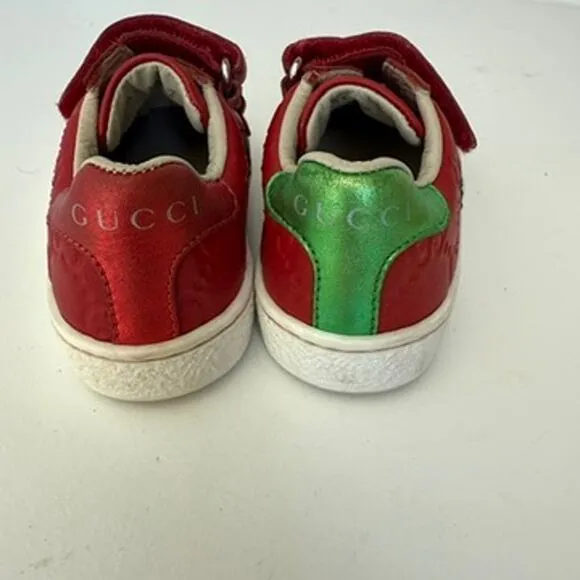 GUCCI GG Supreme Kids Sneakers Red Green Stripe Leather Velcro Italy Size 21