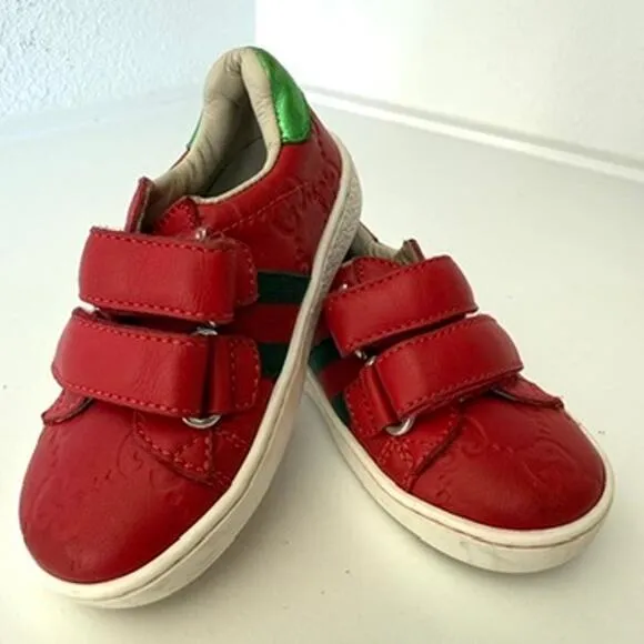GUCCI GG Supreme Kids Sneakers Red Green Stripe Leather Velcro Italy Size 21