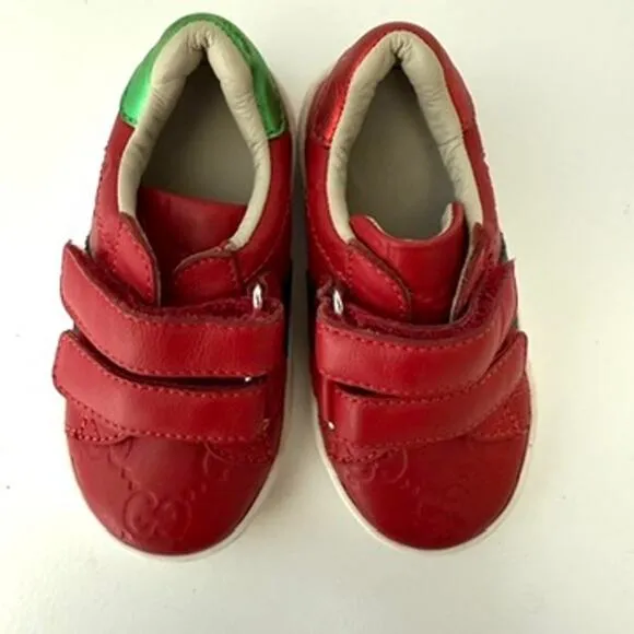 GUCCI GG Supreme Kids Sneakers Red Green Stripe Leather Velcro Italy Size 21