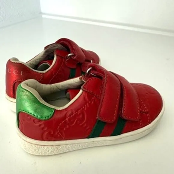 GUCCI GG Supreme Kids Sneakers Red Green Stripe Leather Velcro Italy Size 21