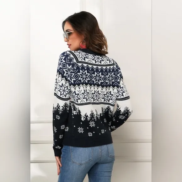 HAPPY Semi Truck Knit Fair Isle Geometric Snowflake Classic Pullover Sweater Top