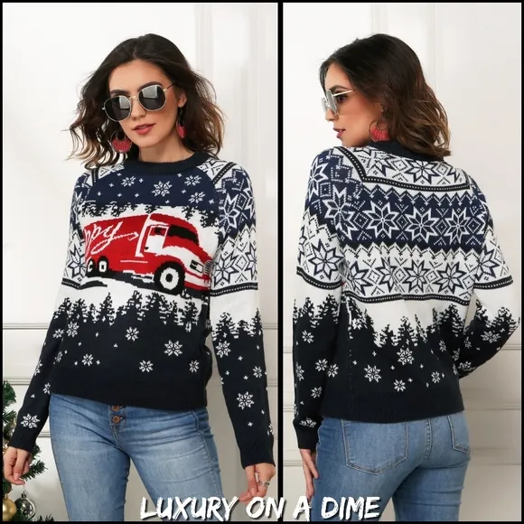 HAPPY Semi Truck Knit Fair Isle Geometric Snowflake Classic Pullover Sweater Top